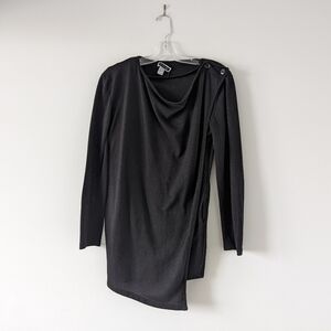 Another Story Elegant Long-Sleeve Black Draped Top with Button Detail and Pocket